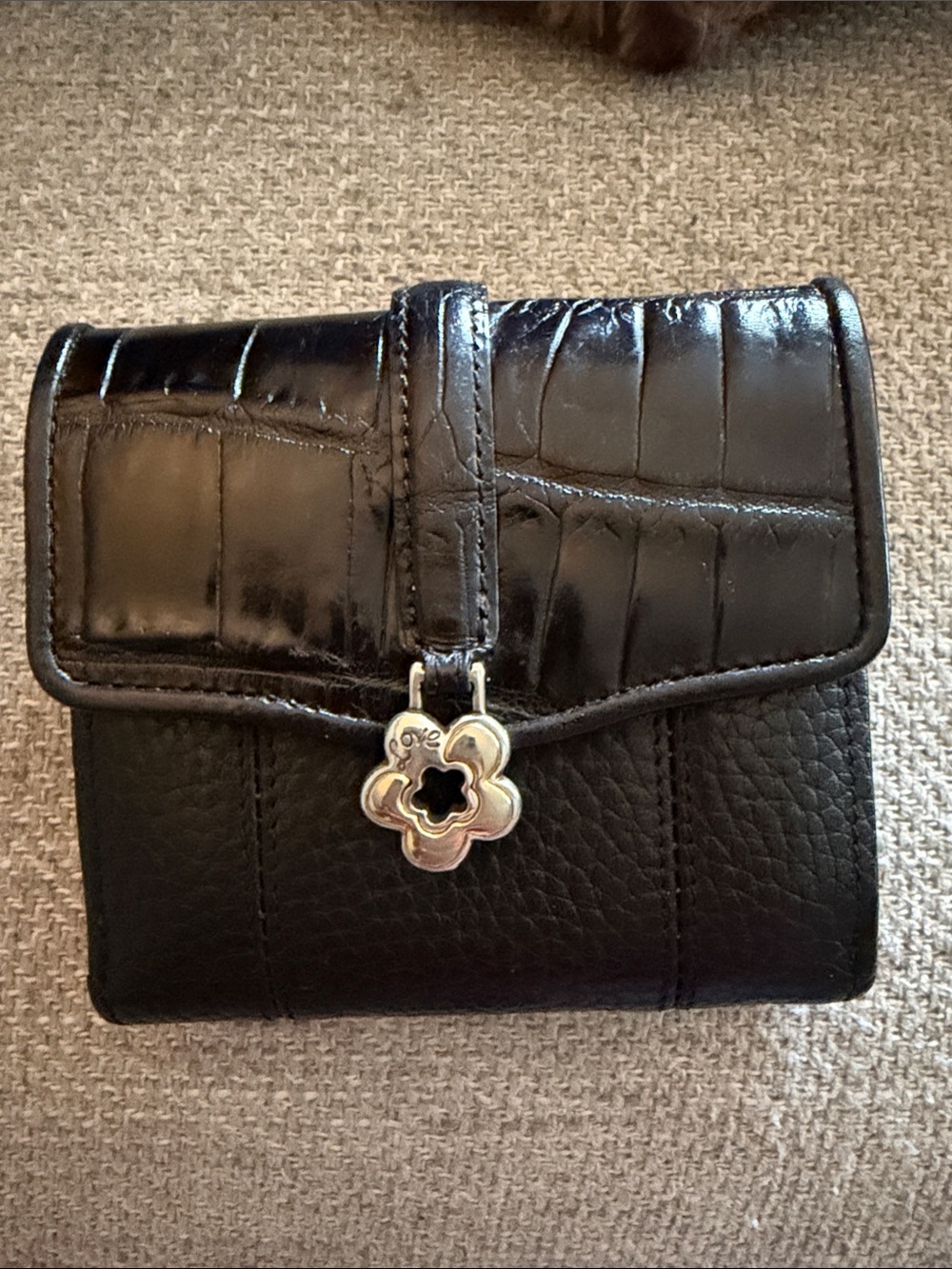 Brighton Black Croc-Embossed Leather Wallet with Flower Charm